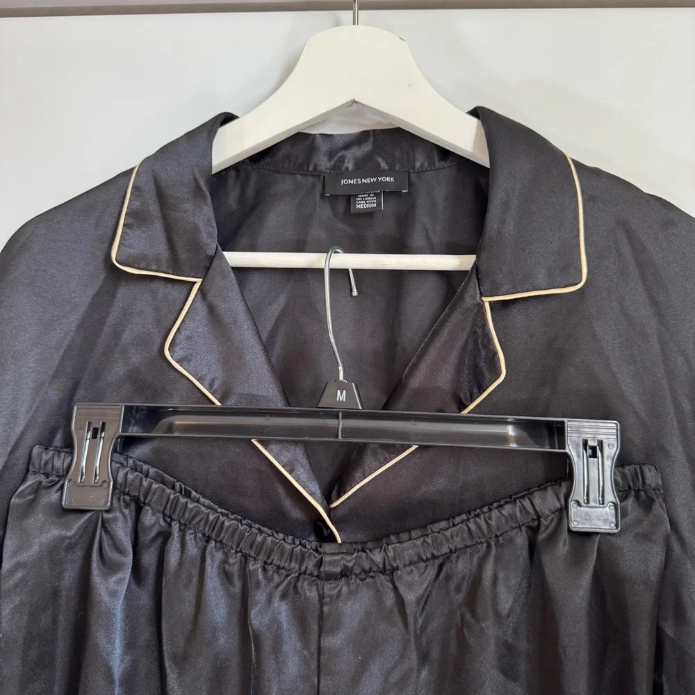 Jones New York Black Satin Pajama Set with Gold Trim